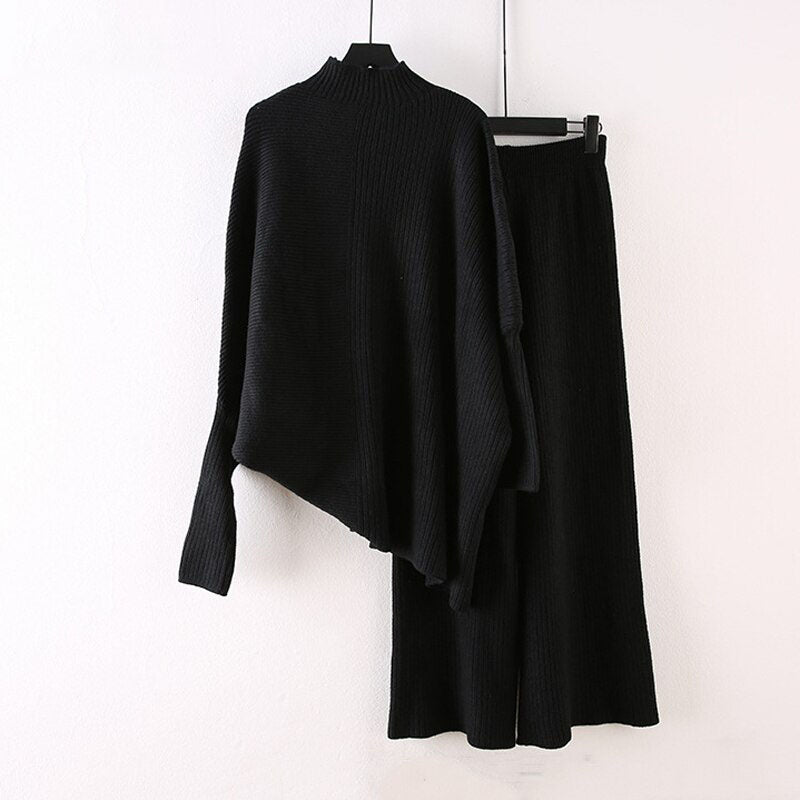 Two-Piece Knitted High Collar Sweater & Wide Legged Pants Extremely Comfy