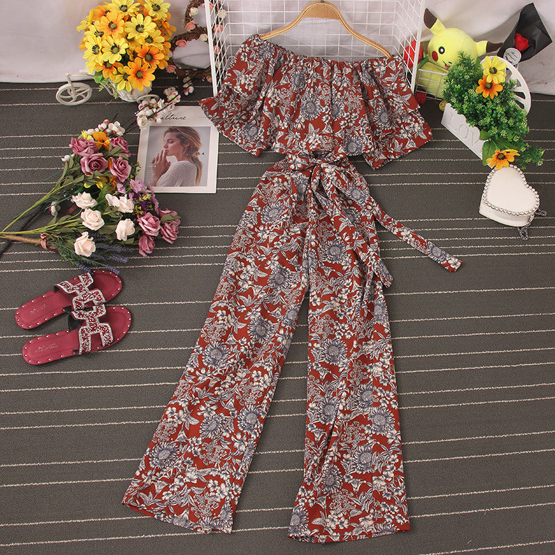 New Retro Fashion Floral Ruffled One-Shoulder High Waist Slim Wide Leg Pants Lace-Up Long Jumpsuit for Women