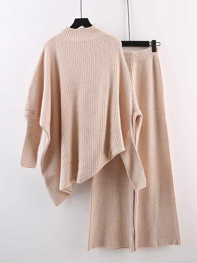 Two-Piece Knitted High Collar Sweater & Wide Legged Pants Extremely Comfy