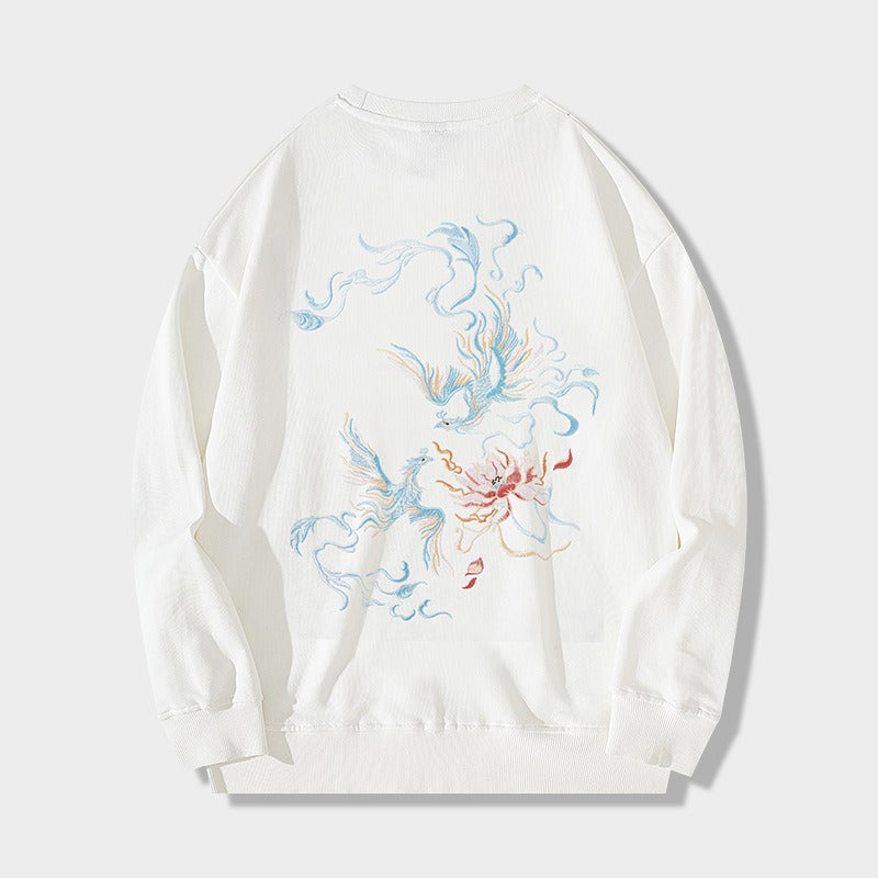 White or Black Chinese Lotus White Phoenix Embroidered Sweatshirt for Versatile Wear for Casual Cool and Comfy StreetwearLook