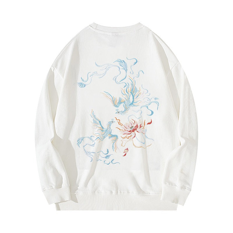 White or Black Chinese Lotus White Phoenix Embroidered Sweatshirt for Versatile Wear for Casual Cool and Comfy StreetwearLook