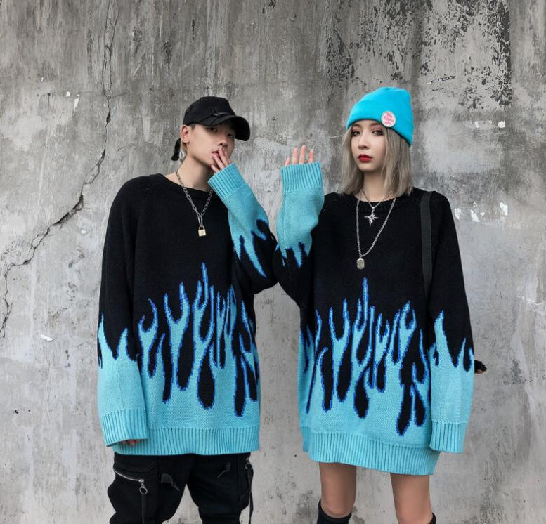 Icy Blue Flame  Hip Hop Sweater for Men and LGBTQ