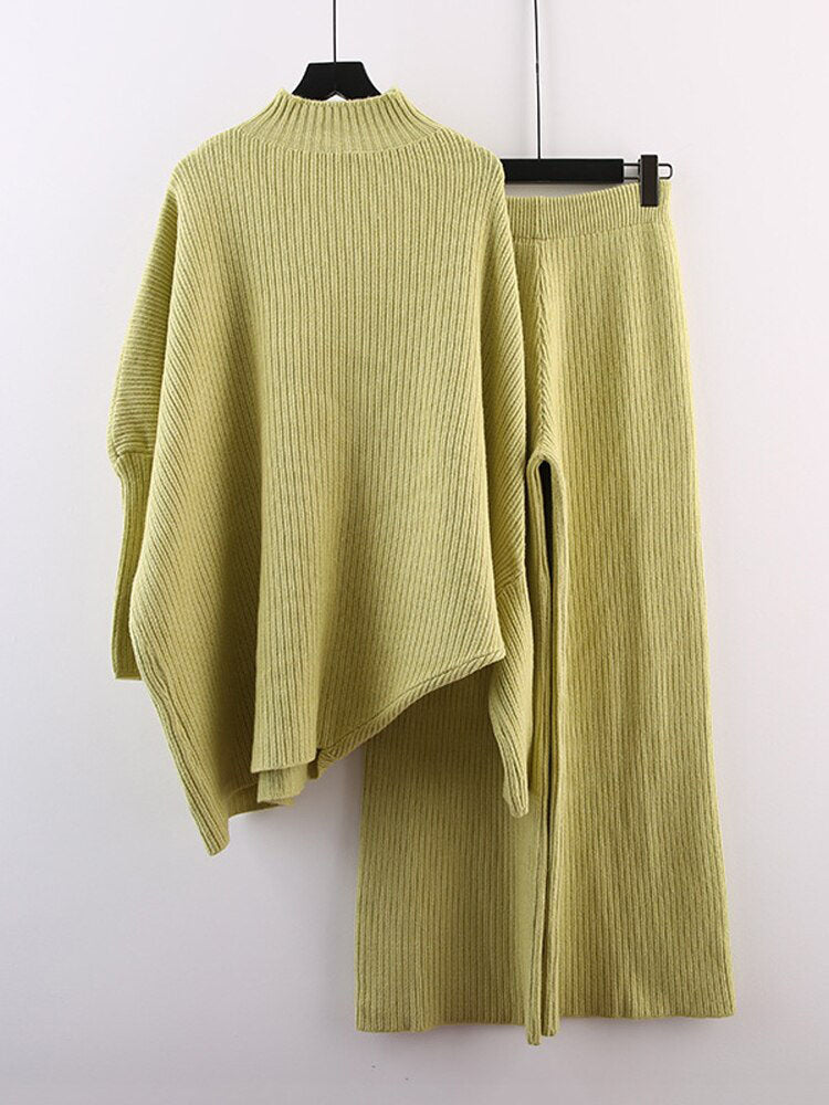 Two-Piece Knitted High Collar Sweater & Wide Legged Pants Extremely Comfy