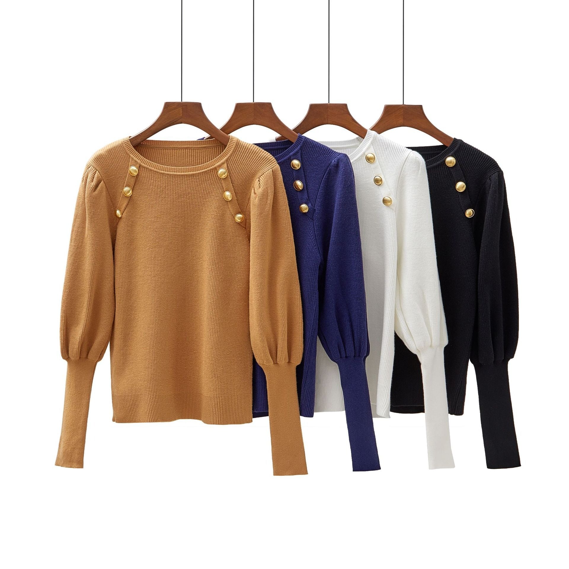 Puffed Up Sleeves Sweaters with Three Buttons for Sexy and Smart Chic