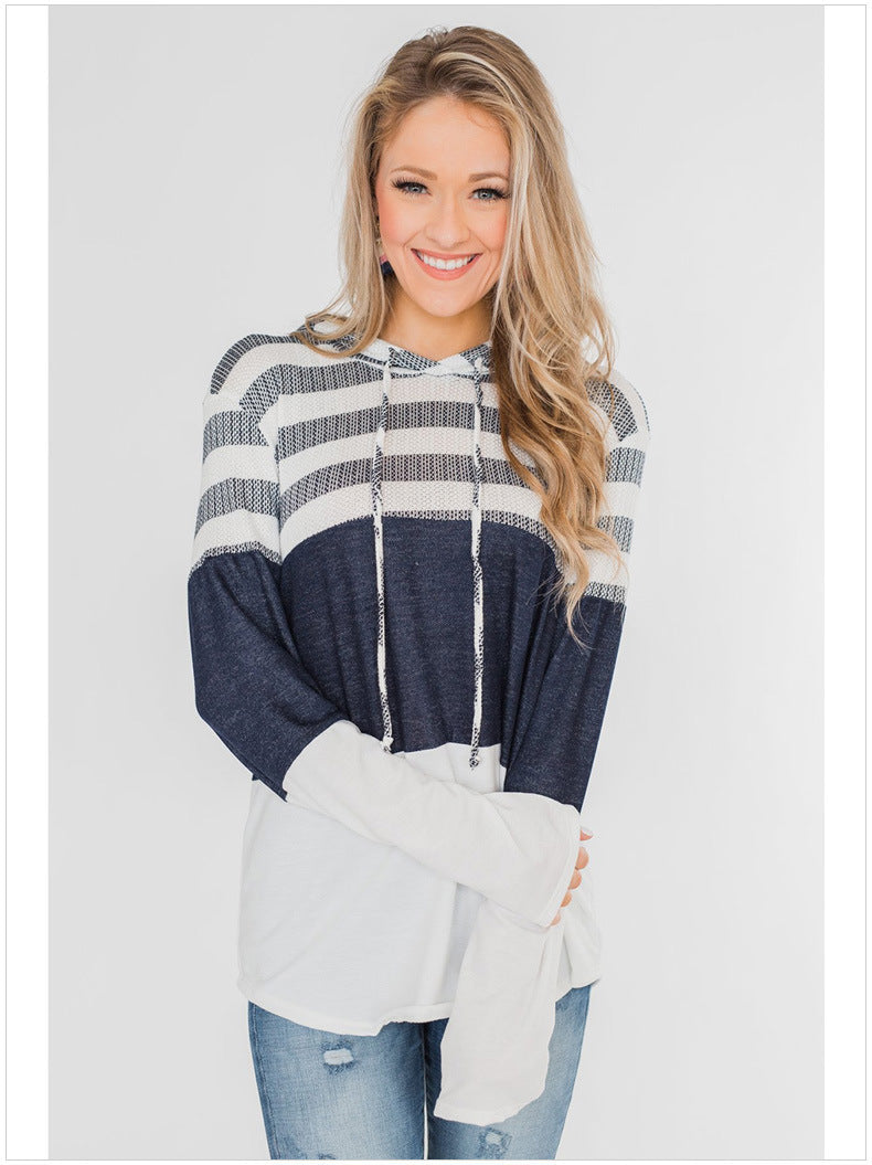 New Top Loose Design Hoodie Pullover Long Sleeve Contrast Sweat Shirt Striped Sweater