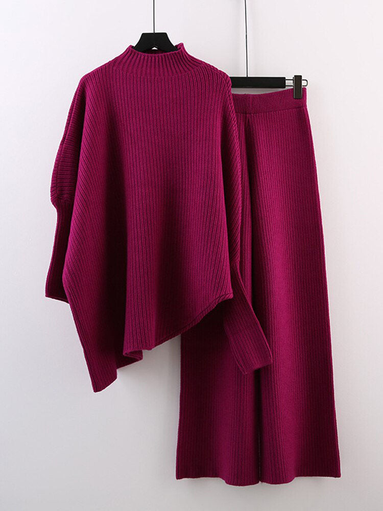 Two-Piece Knitted High Collar Sweater & Wide Legged Pants Extremely Comfy