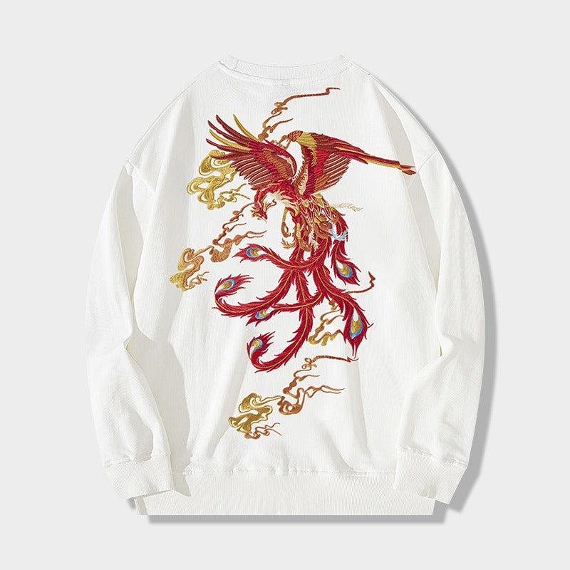 White or Black Red Fire Phoenix Full Embroidery Hip Hop Unhooded Pullover Streetwear Very Comfy and Cool