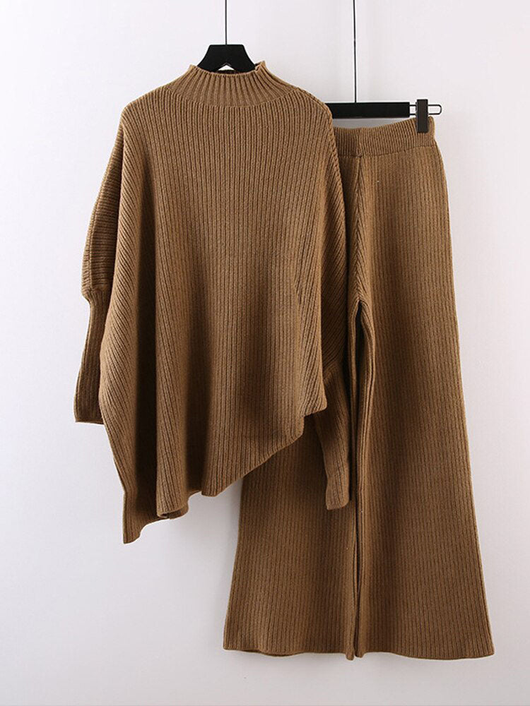 Two-Piece Knitted High Collar Sweater & Wide Legged Pants Extremely Comfy