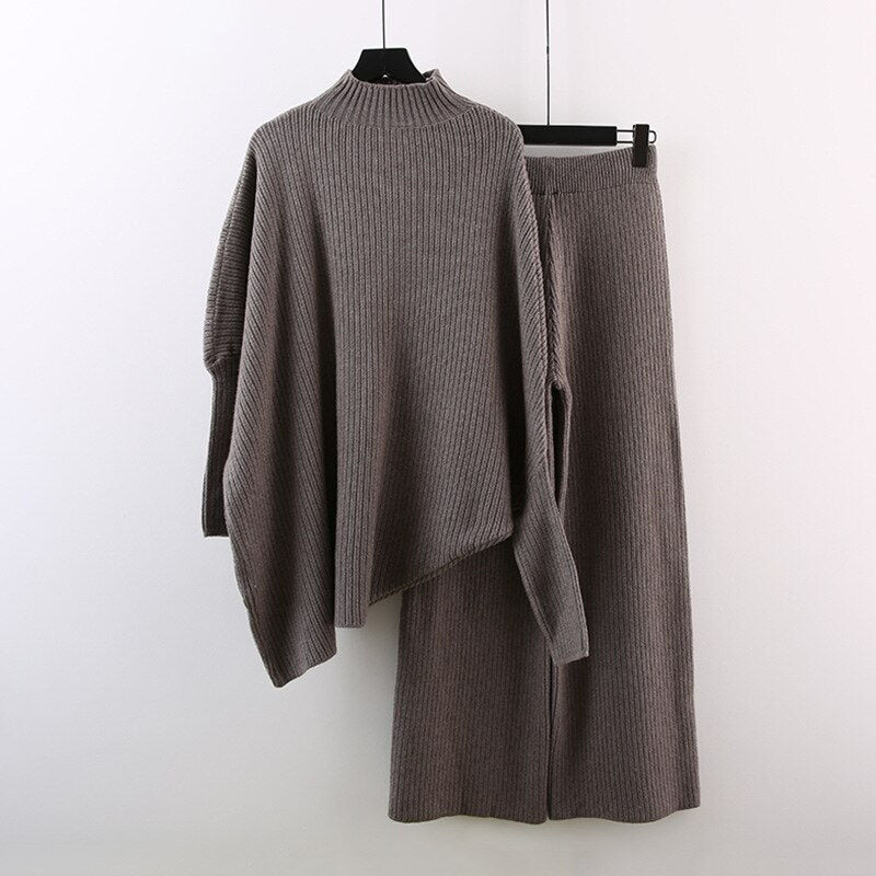 Two-Piece Knitted High Collar Sweater & Wide Legged Pants Extremely Comfy