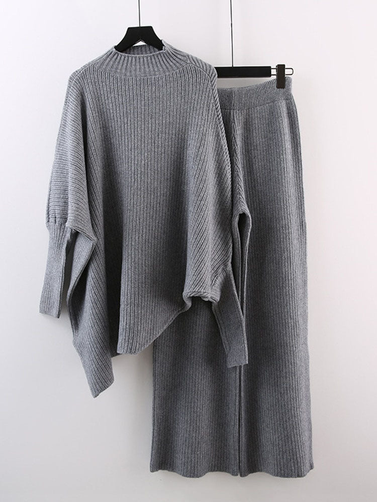 Two-Piece Knitted High Collar Sweater & Wide Legged Pants Extremely Comfy