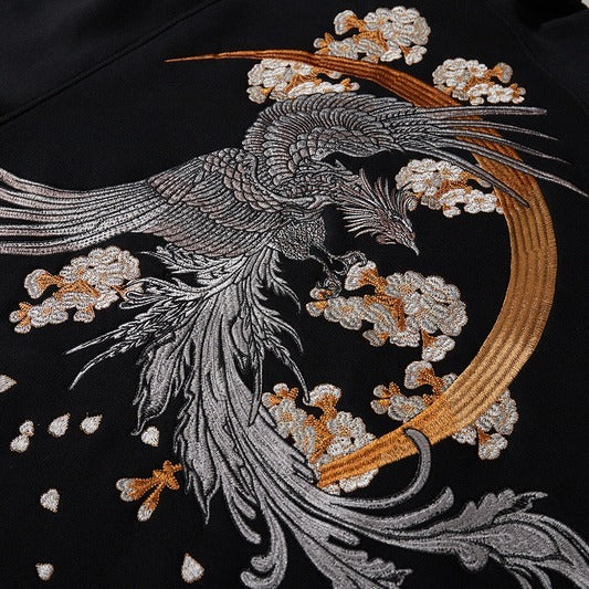 Black Power Chinese Bird Embroidered Sweater with HipHop Funky Style