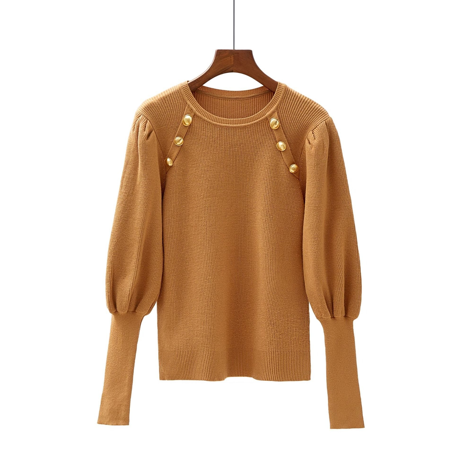 Puffed Up Sleeves Sweaters with Three Buttons for Sexy and Smart Chic