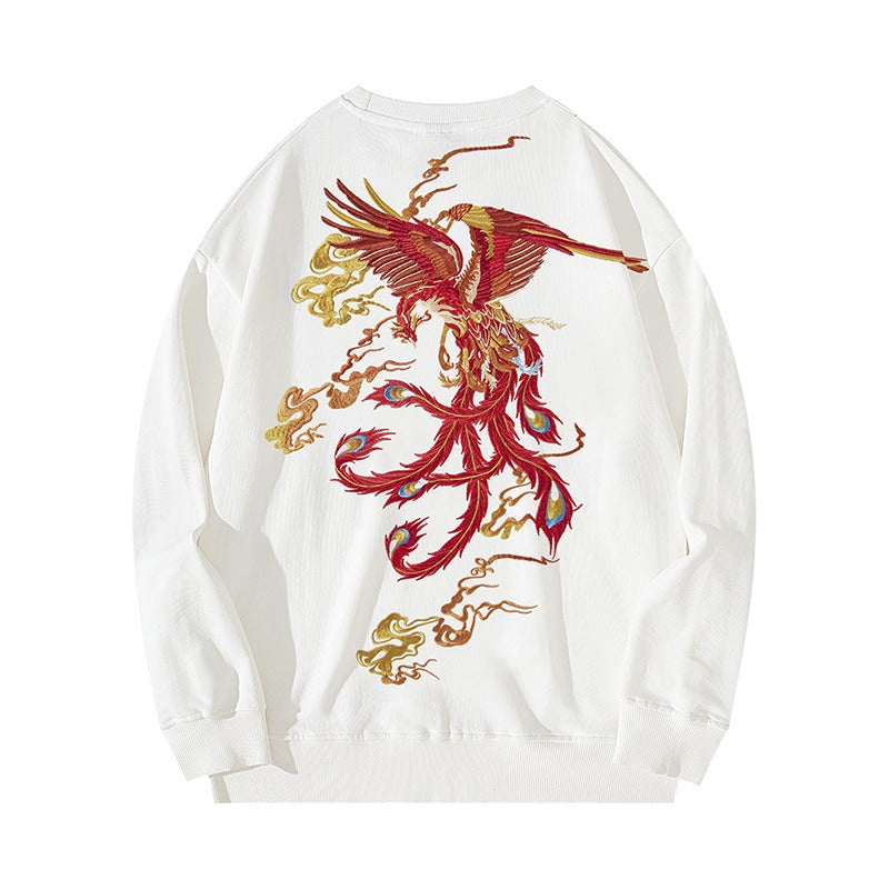 White or Black Red Fire Phoenix Full Embroidery Hip Hop Unhooded Pullover Streetwear Very Comfy and Cool