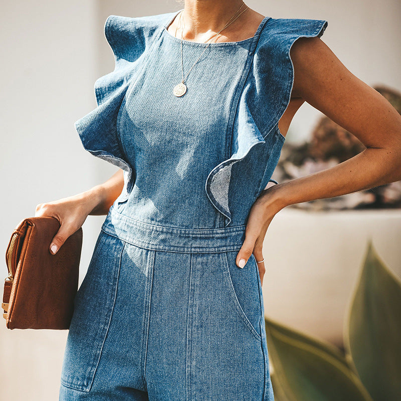 Women Summery Lace Up Ruffled Denim Sexy Piece