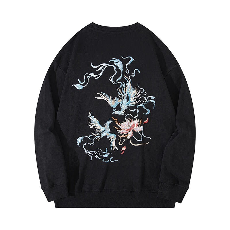 White or Black Chinese Lotus White Phoenix Embroidered Sweatshirt for Versatile Wear for Casual Cool and Comfy StreetwearLook