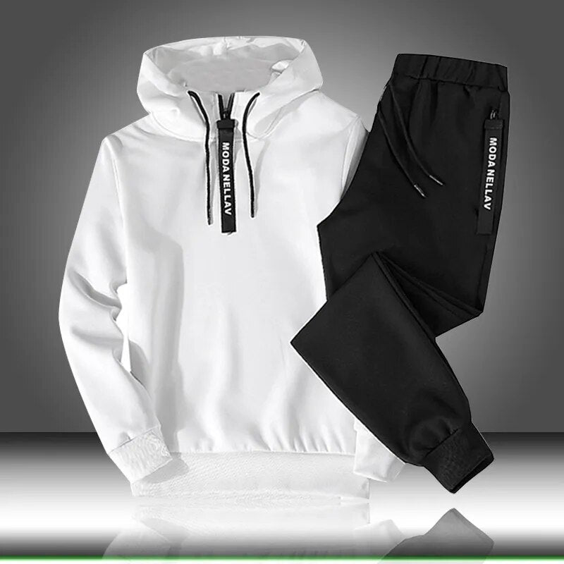 Two Piece Sportswear Skinny Male Pullover Hoodie with Casual Joggers