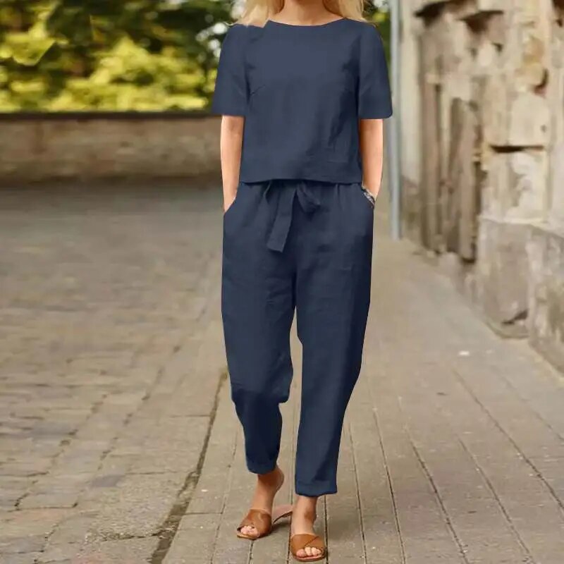 Women's Summer Matching Set Solid Color Blouse And Trousers Two piece Casual Wear